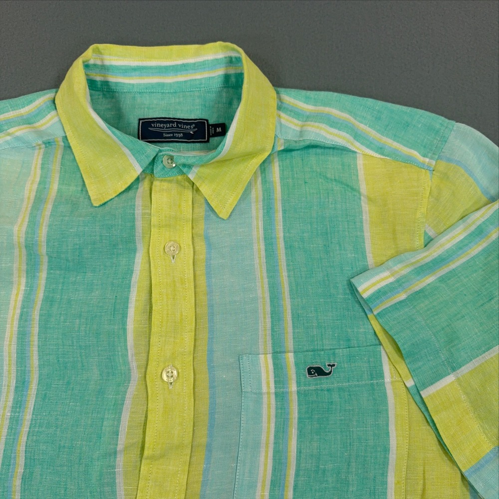 Vineyard Vines Mens M Short Sleeve 100% Linen Striped Button Down Shirt Green